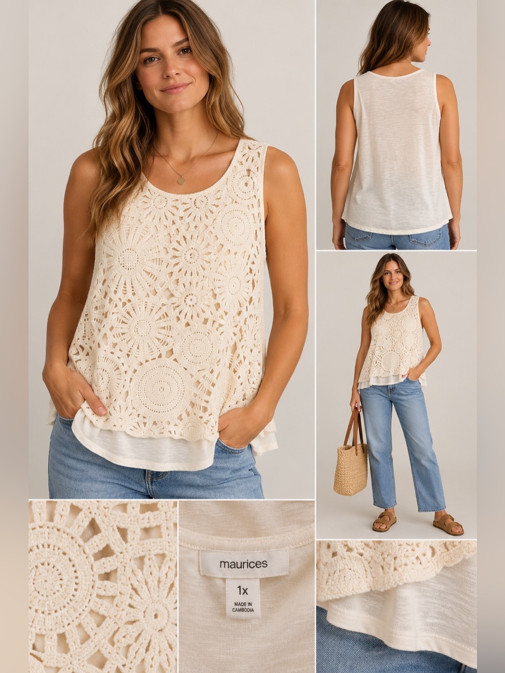 Maurices 1X Cream Crochet Lace Boho Tank Top Floral Sleeveless